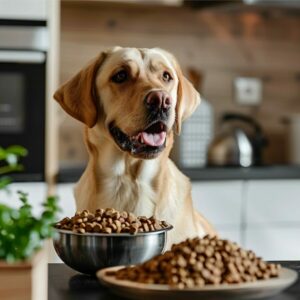 Labrador Terrier surrounded by a well-balanced mix of food options