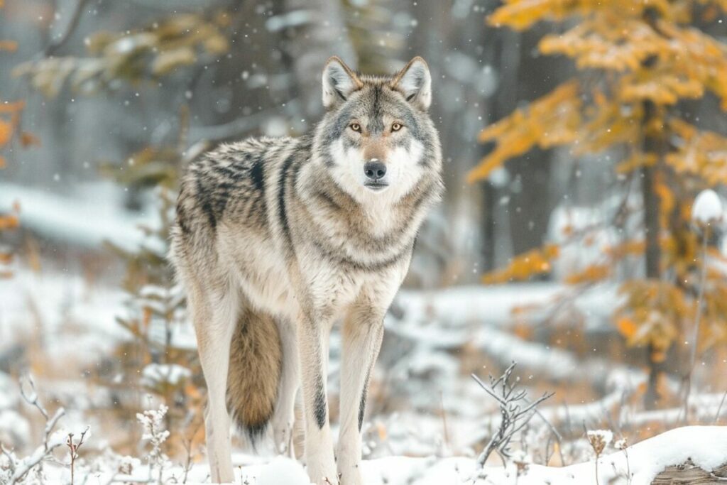 Closeup of a Wolf Standing in the Middle of the Winter Forest