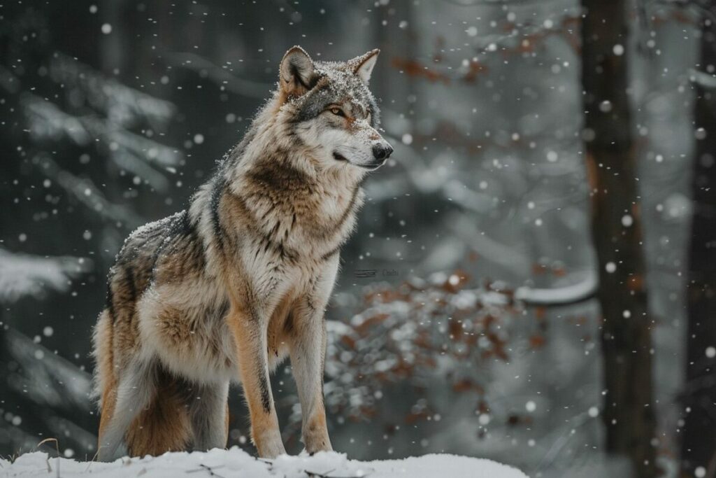 Wolf Standing in the Middle of the Snowy Forest