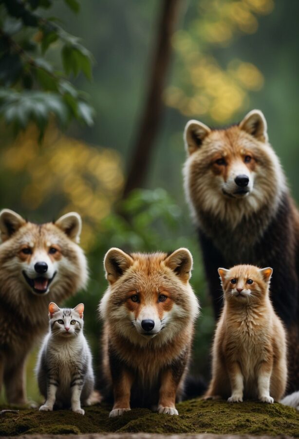 Animal Photo Shoot: A captivating assembly of two red foxes, a small kitten, and a ginger cat standing together in the forest, with a diffuse glow around them.