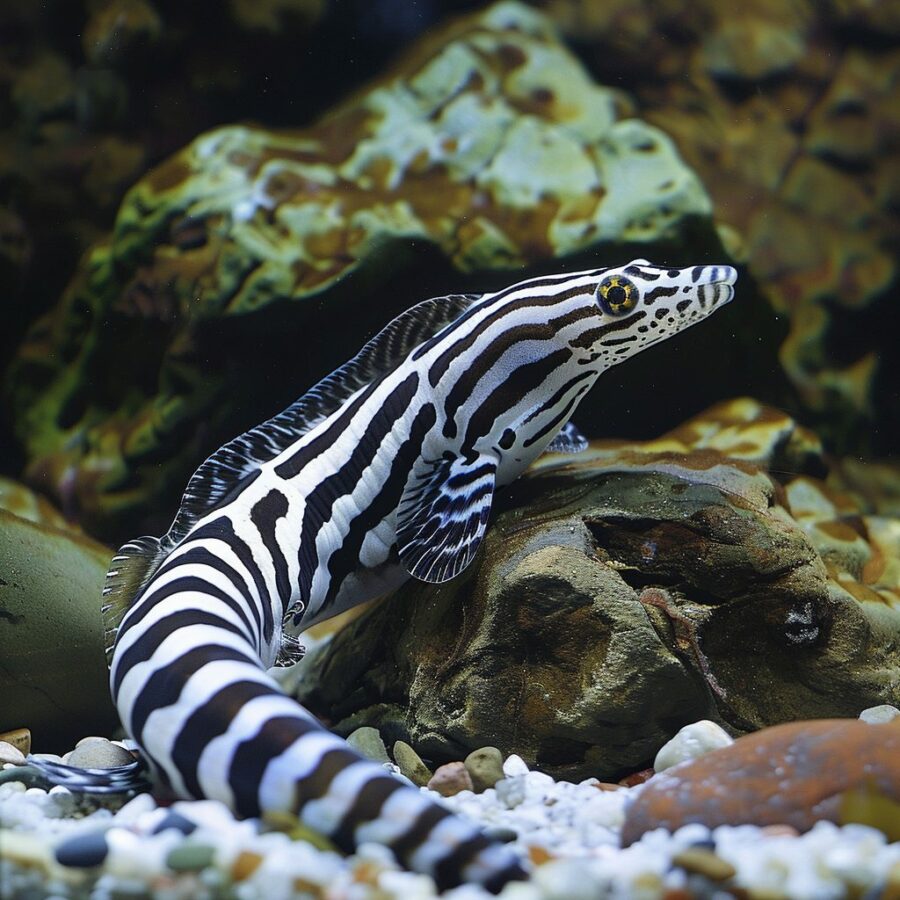 Zebra Eel in a creatively decorated aquarium with vibrant tank setups.