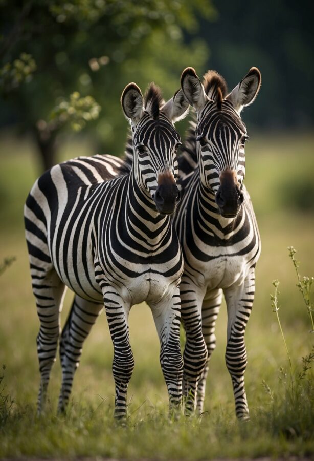 Two zebra foals, their black and white stripes distinct against the grassy savanna, frolicking playfully together.